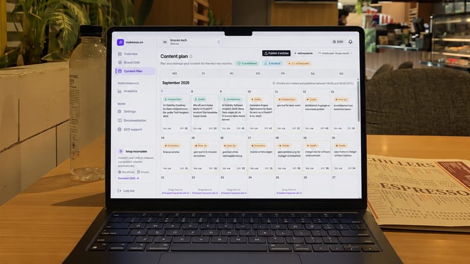 A customer working on the makeseo content plan on a laptop